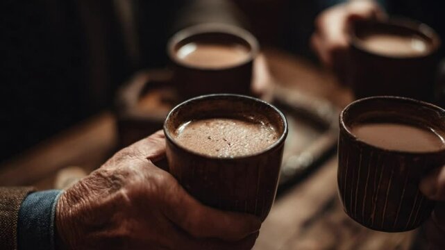 Warm Embrace of Beverage: A gathering of hands raise handcrafted cups of coffee, in an intimate moment, exuding warmth and connection. The image captures the simplicity of togetherness.