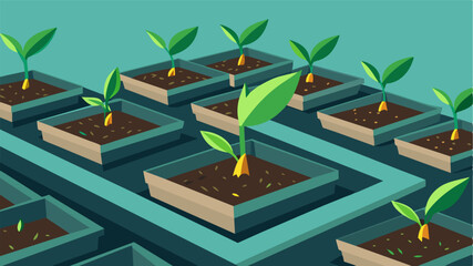 A the rows of empty seedling trays a lone wilted plant struggled to survive a symbol of the unsuccessful attempts to grow crops.. Vector illustration