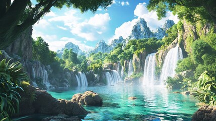 Breathtaking Tropical Waterfall Oasis with Crystal Clear Water and Lush Greenery