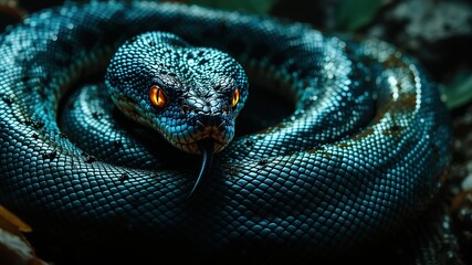 Fototapeta premium Ultra-Realistic Coiled Blue Snake with Glowing Eyes – High Detail Close-Up