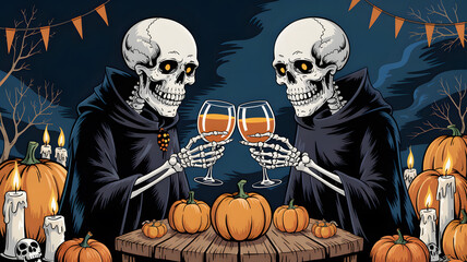 Two cloaked skeletons clink wine glasses surrounded by pumpkins and candles celebrating Halloween.