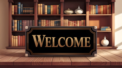 A Welcome sign rests on a table before a bookshelf filled with books and decorative items.
