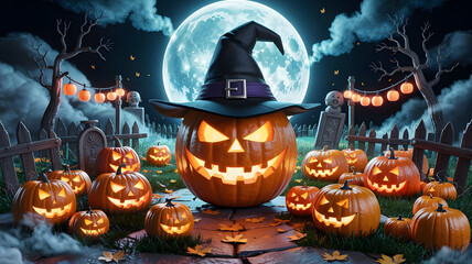 A Halloween night scene featuring glowing jack-o'-lanterns a witch hat a spooky fence and a large moon.