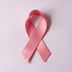 Pink ribbon symbol on a white background representing breast cancer awareness and support.