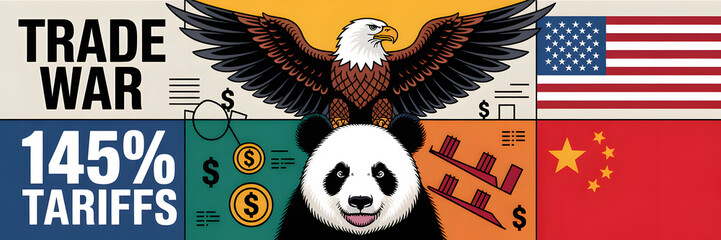 Illustration of trade war with eagle panda US/China flags tariffs and financial symbols.