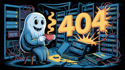 Friendly ghost sips coffee in a server room oblivious to the 404 error and crashed hardware.