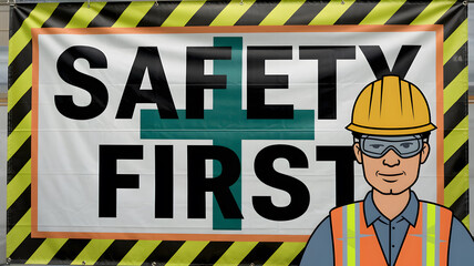 Cartoon construction worker in front of a Safety First banner with black and yellow caution stripes.