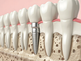 Dental implant demonstration: a metallic post integrated among the teeth illustrating a restorative dental procedure within the jaw.