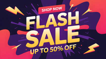 Colorful graphic design advertising a Flash Sale with up to 50% off featuring stylized lightning bolts and abstract shapes.
