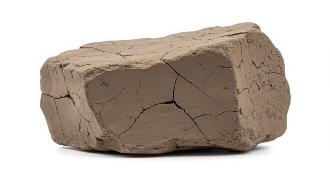 Soil degradation isolated raw clay block for pottery and ceramics with cracks on white background studio shot closeup isolated on a white background