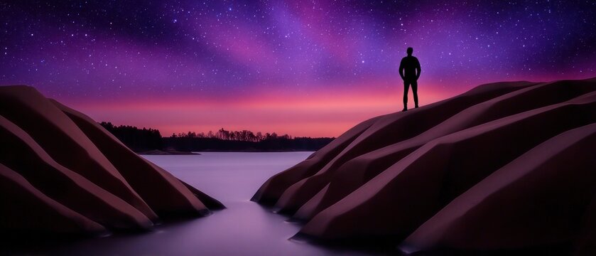 A solitary figure on a rocky outcrop at twilight, bathed in a vibrant purple and pink sky - Powered by Adobe