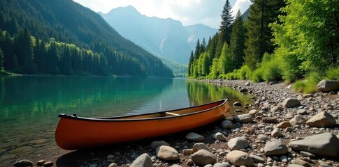 A canoe rests on a rocky shoreline, near a lush green forest, with a hiking trail visible in the background Perfect for adventure, travel, and outdoor recreation imagery , forest, trail, exploration