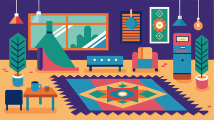 Colorful tapestries and rugs line the floors creating a cozy and eclectic atmosphere for members to work in.. Vector illustration