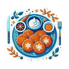 A stylized plate of potato pancakes with sour cream and apple sauce. Useful for websites or blogs about food, holidays, cooking, or traditional cuisine.