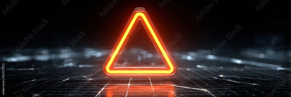 Poster Bouncing 3D Alert Triangle Colliding With a Digital Security Firewall Grid