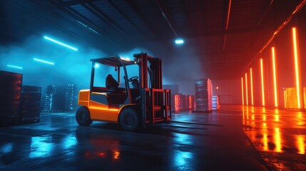 Spacious warehouse at night with forklift in motion and overhead lights casting glow as supplies are moved through neatly arranged stacks of products and materials