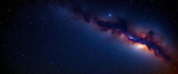 Fototapeta premium Stunning panoramic night sky, Milky Way ablaze, nebulae & galaxies in a dark universe Long exposure, grainy texture, blue, focus