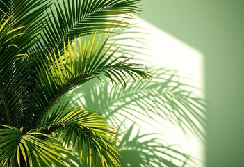 Fototapeta premium Sunlit hamedorea palm casts leafy shadows on pastel green wall Home gardening, tropical plant, sunlit, background