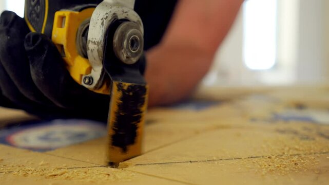 Electrical saw, the electric power carpentry oscillating multi tool. Man is cutting plywood on the construction site