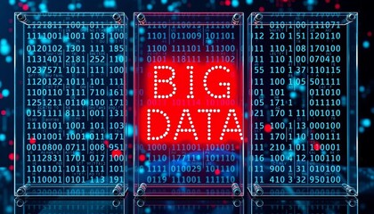 Three glass panels display binary code and the phrase "Big Data Vector Illustration" , glass panels, three