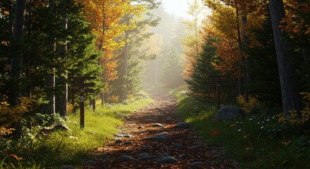 Obraz premium Forest Trail Beckons: A serene path winds its way through a vibrant forest, bathed in the soft glow of sunlight filtering through the trees. A moment of tranquil serenity.