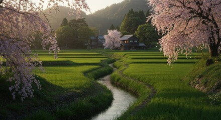 Obraz premium Cherry Blossom Beauty: A serene depiction of the countryside, where a meandering stream carves its path through vibrant green fields.