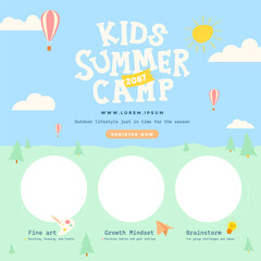 Colorful kids summer camp poster with cartoon style and fun activity icons for creative learning