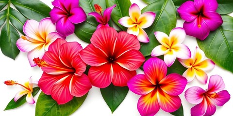 Fototapeta premium Vibrant tropical flowers, hibiscus, orchids, plumeria, leaves, isolated on white, bright, blossom
