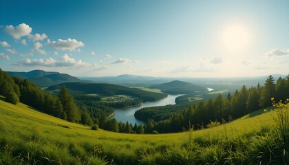"Picturesque Sunny Landscape with River, Forest, and Meadows – Panoramic Green Nature Background for Design"