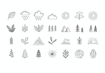 Hand Drawn Nature Icons Set: Sun, Clouds, Rain, Leaves, Mountains Perfect for Eco Design Projects