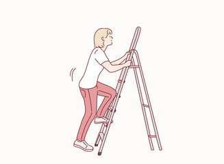 woman Climbing a Ladder. Hand drawn style vector design illustrations.