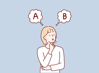 Plakat Woman Choosing Between Option A and B. Hand drawn style vector design illustrations.
