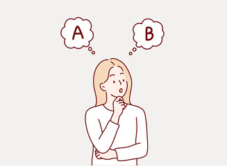 Woman Choosing Between Option A and B. Hand drawn style vector design illustrations.