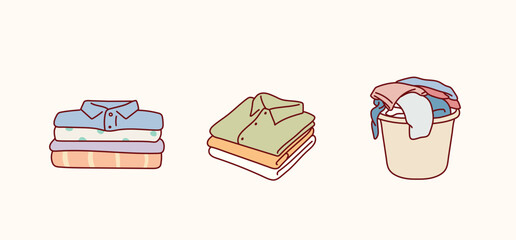 Stack of clean, ironed and dirty items of clothing. Set of folded multicolored clothes, apparel and garments, including sweaters, plaid, shirts, blanket. Hand drawn style vector design illustrations.