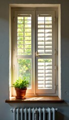 Sunlight streams through closed white shutters onto a rustic wooden window sill, adorned with a small potted succulent The scene evokes a sense of calm and serenity , old, shutters, greenery