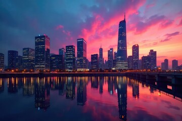 Fototapeta premium Sleek modern metropolis office buildings reflecting the city skyline at sunset Glass facades, urban architecture, and vibrant city lights create a stunning image , evening, construction
