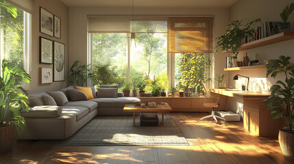 Fototapeta premium bright and inviting living room filled with natural light, featuring plants and modern furniture