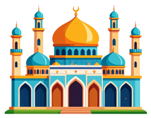 Flat 2D vector illustration of mosque with colorful geometric details, isolated PNG
