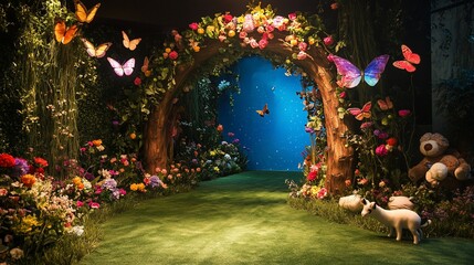 Enchanting floral archway with butterflies and dreamy fairytale atmosphere