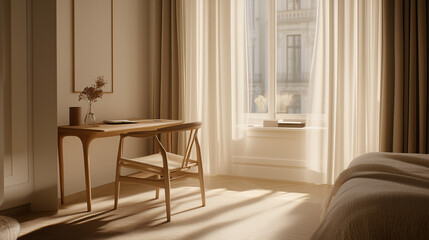 Fototapeta premium Minimalist workspace with chair and desk, neutral tones and natural light. Simplicity and focus in a clean, uncluttered environment.