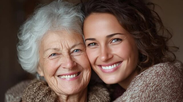 Eternal Bond: A tender moment frozen in time as a radiant grandmother and granddaughter embrace, their smiles mirroring a lifelong connection of love and kinship.