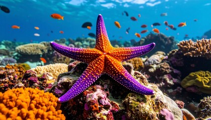 Orange and Purple Starfish on Vibrant Coral Reef