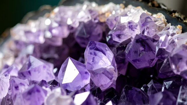 Close-up detail showcasing the intricate, faceted purple crystals within an amethyst geode, revealing their mineral textures.