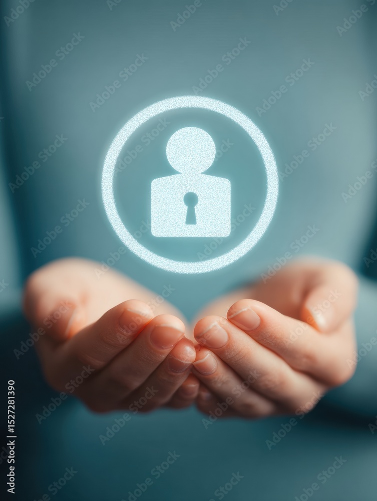 Fototapete Hands Support Digital Lock Symbol Around User Profile Icon in a Secure Setting Promoting Online Privacy and Safety Awareness