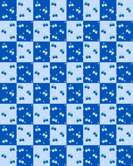 Seamless blue strawberry pattern vector illustration with chess pattern for wallpaper background or template. cute hand draw for wrapping or mockup