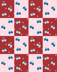 Seamless blue strawberry pattern vector illustration with chess pattern for wallpaper background or template. cute hand draw for wrapping or mockup