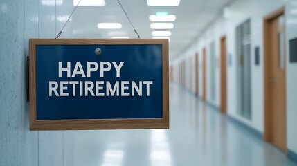 A sign reading "Happy Retirement" hangs in a corridor, symbolizing a joyful transition into retirement.