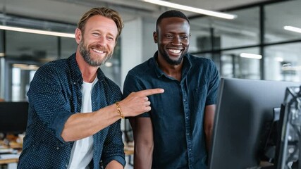 Collaborative Synergy: Two colleagues in an office setting, engrossed in their work, share a moment of camaraderie, their faces lit with smiles of satisfaction and focused enthusiasm. - Powered by Adobe