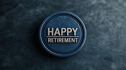 A round emblem with the words "Happy Retirement" embossed, set against a textured dark background, symbolizing celebration and transition into retirement.