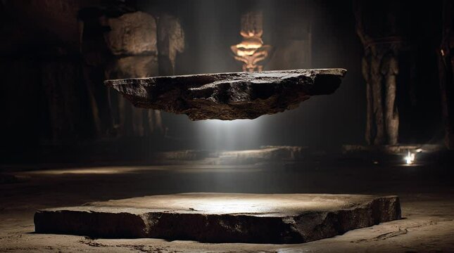 Mysterious alien artifact levitates silently above stone platform. Alien artifact radiates strange energy from unknown core.